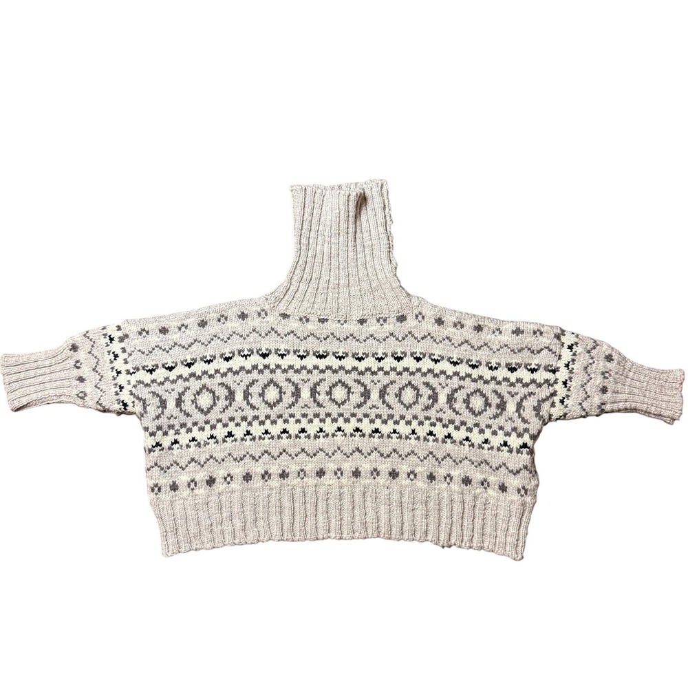 Sita Murt 100% Wool Fair Isle Turtleneck Crop Sweater Gray Cream Boxy OS